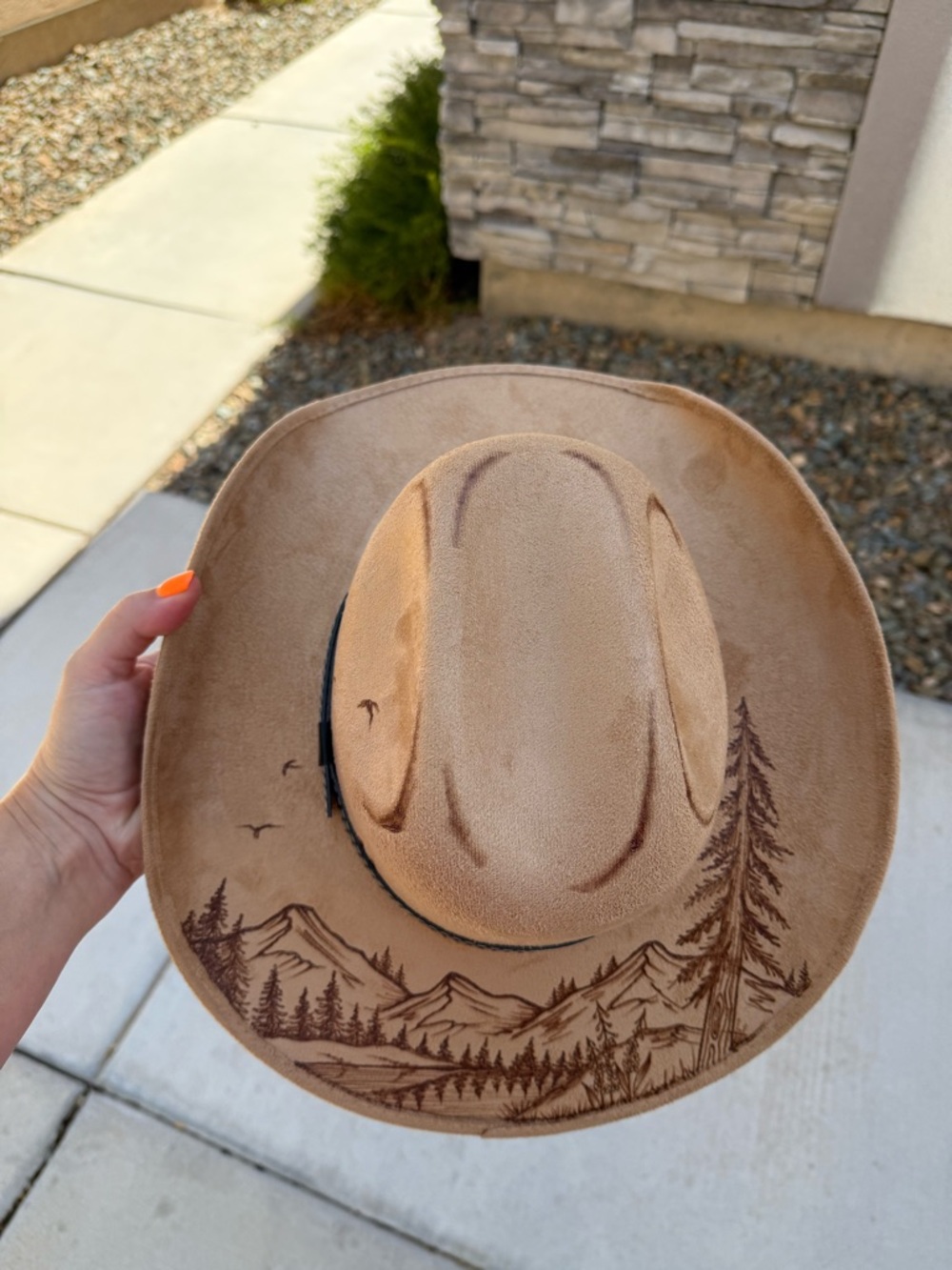 Western mountain Scene Cowboy Hat mountains tan